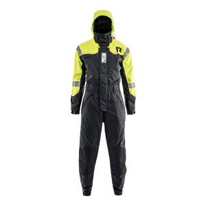 Regatta Sportline flotation suit 50N - front view, yellow with hood